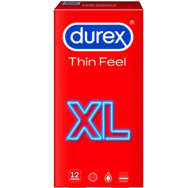 Durex Thin Feel XL Condoms 12 Pack, Extra Large Thin Condoms for Closer Natural Sensation and Roomier Fit, Easy-On Shape, Comfortable Wider Fit, Pack of 12 for Couples